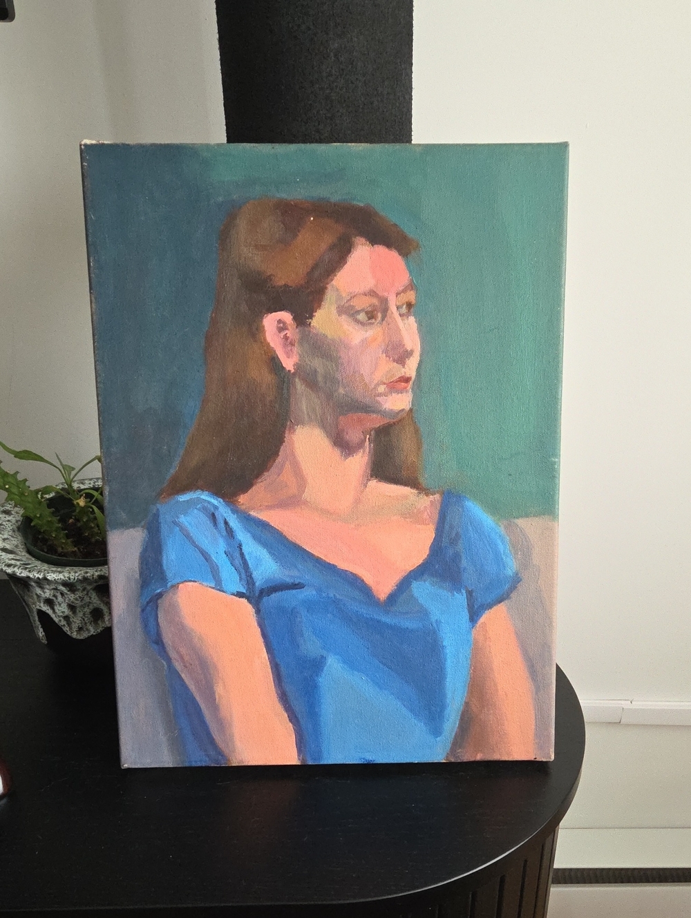 Original Vintage Oil Painting - Woman Portrait in Blue Dress Mid-Century